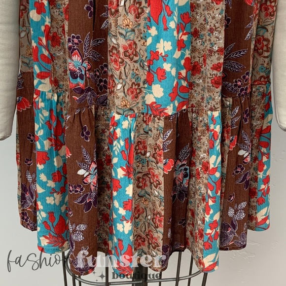 Blue B Patchwork Flutter Sleeve Floral Print Short Tiered Mini Swing Tunic Dress - Picture 12 of 15